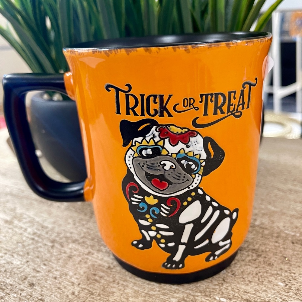 Halloween Pug Skeleton Trick or Treat Ceramic Coffee Mug NWT